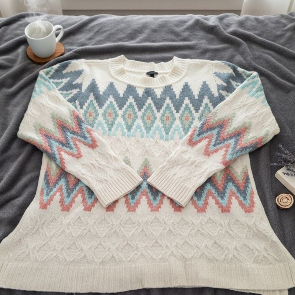 Talbots Women's Large Zig-Zag Fair Isle Crewneck Pullover Ivory Sweater